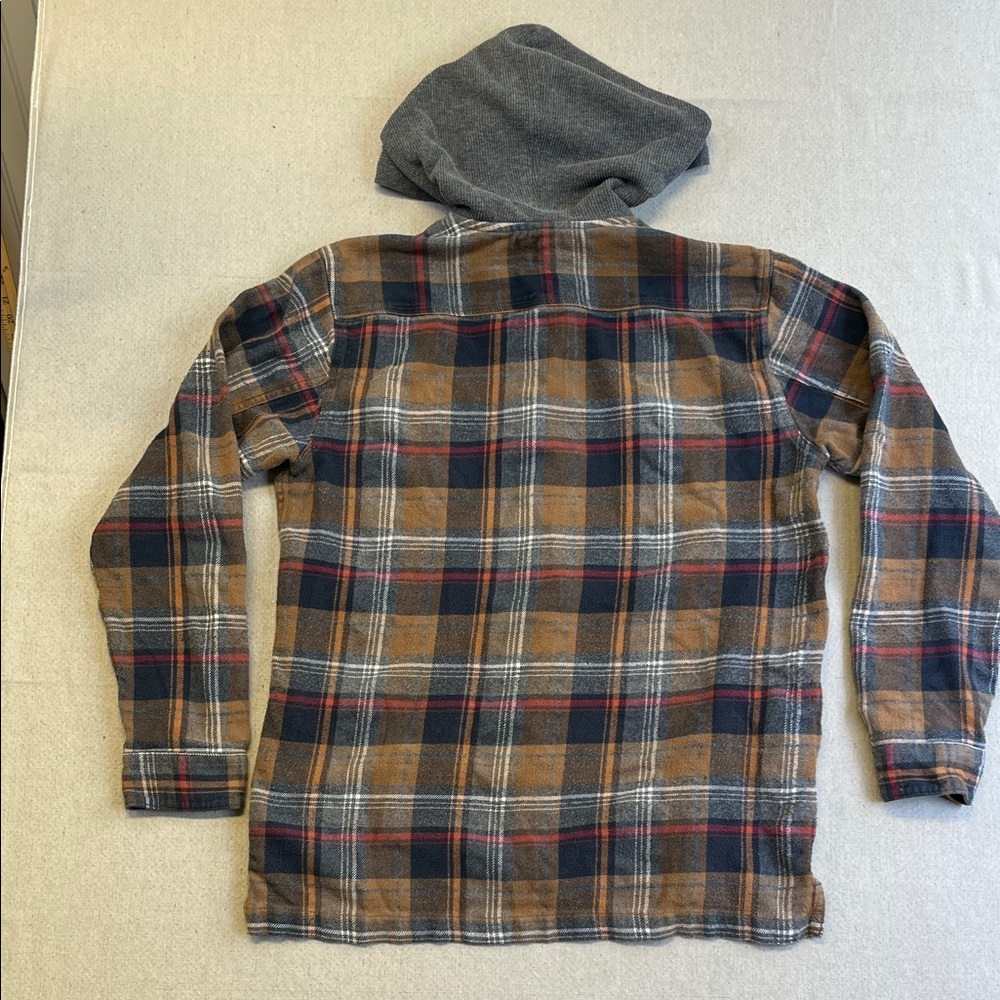 Billabong Plaid Hooded Flannel Shirt Jacket Brown Gray Core Fit Large - Picture 7 of 7